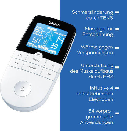 Beurer EM 49 Digital TENS/EMS, poussette de voyage 3 en 1 pour soulager la douleur grâce à la neurostimulation électrique, fonction massage, avec 4 électrodes