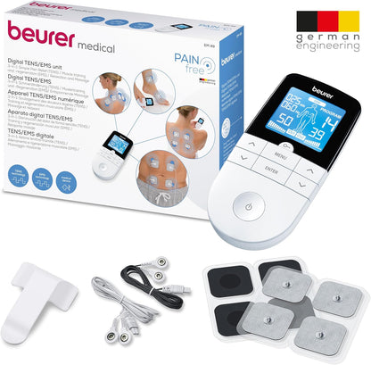 Beurer EM 49 Digital TENS/EMS, poussette de voyage 3 en 1 pour soulager la douleur grâce à la neurostimulation électrique, fonction massage, avec 4 électrodes