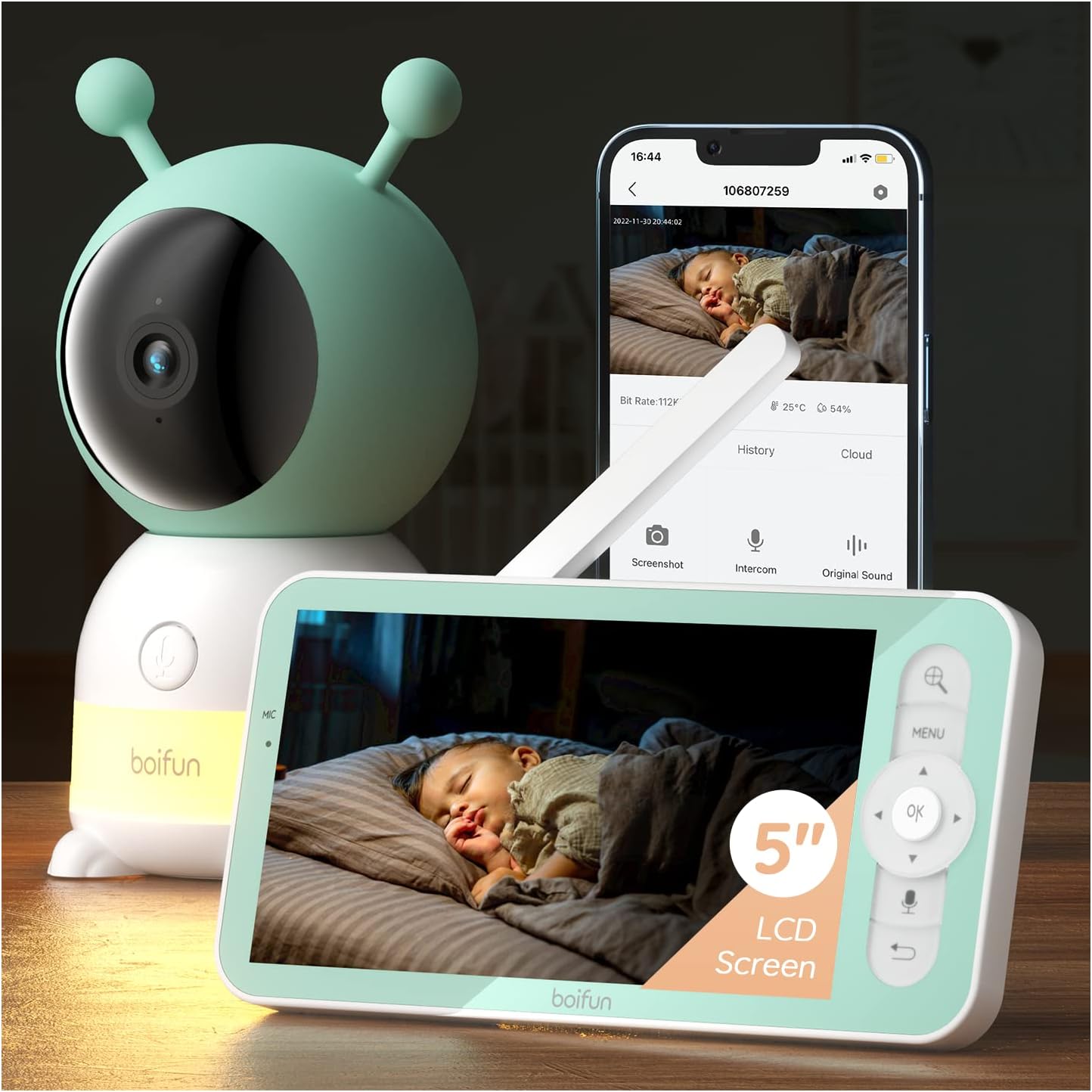 BOIFUN Babyphone mit Kamera 2K/3MP, Intelligentes Nachtlicht, 360 Video Babyfon mit App