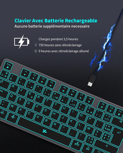 B.FRIENDIT Kabellose Tastatur mit Hintergrundbeleuchtung, wiederaufladbar,USB, leise, 2,4 G