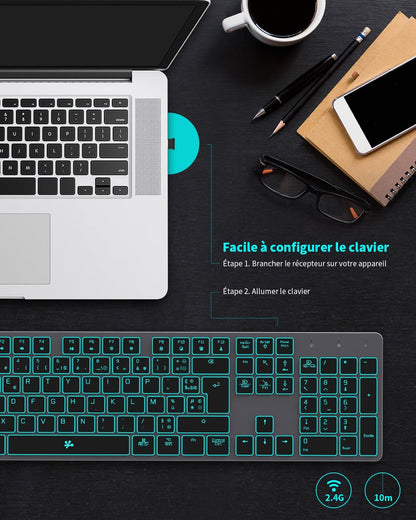 B.FRIENDIT Kabellose Tastatur mit Hintergrundbeleuchtung, wiederaufladbar,USB, leise, 2,4 G