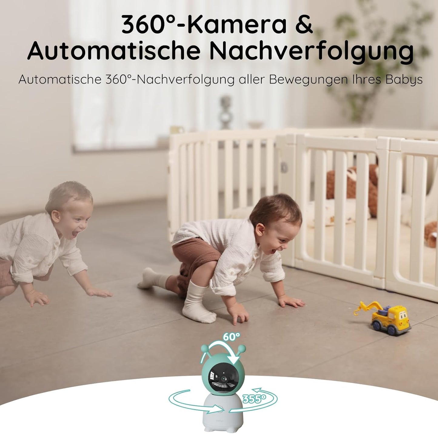 BOIFUN Babyphone mit Kamera 2K/3MP, Intelligentes Nachtlicht, 360 Video Babyfon mit App