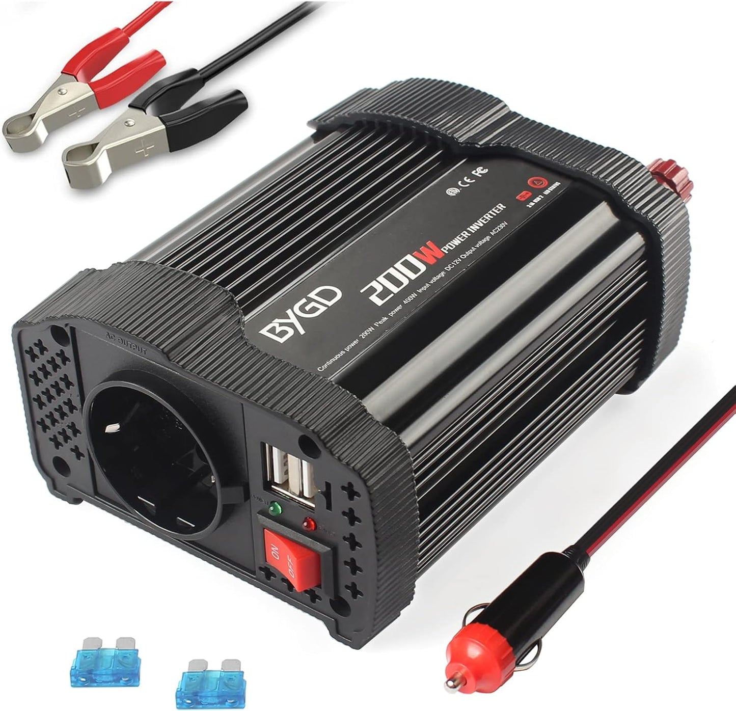 BYGD Auto-Wechselrichter Spannungswandler 200 W, 12 V DC auf 220 V, 230 V AC, mit Adapter