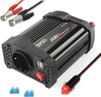 BYGD Auto-Wechselrichter Spannungswandler 200 W, 12 V DC auf 220 V, 230 V AC, mit Adapter