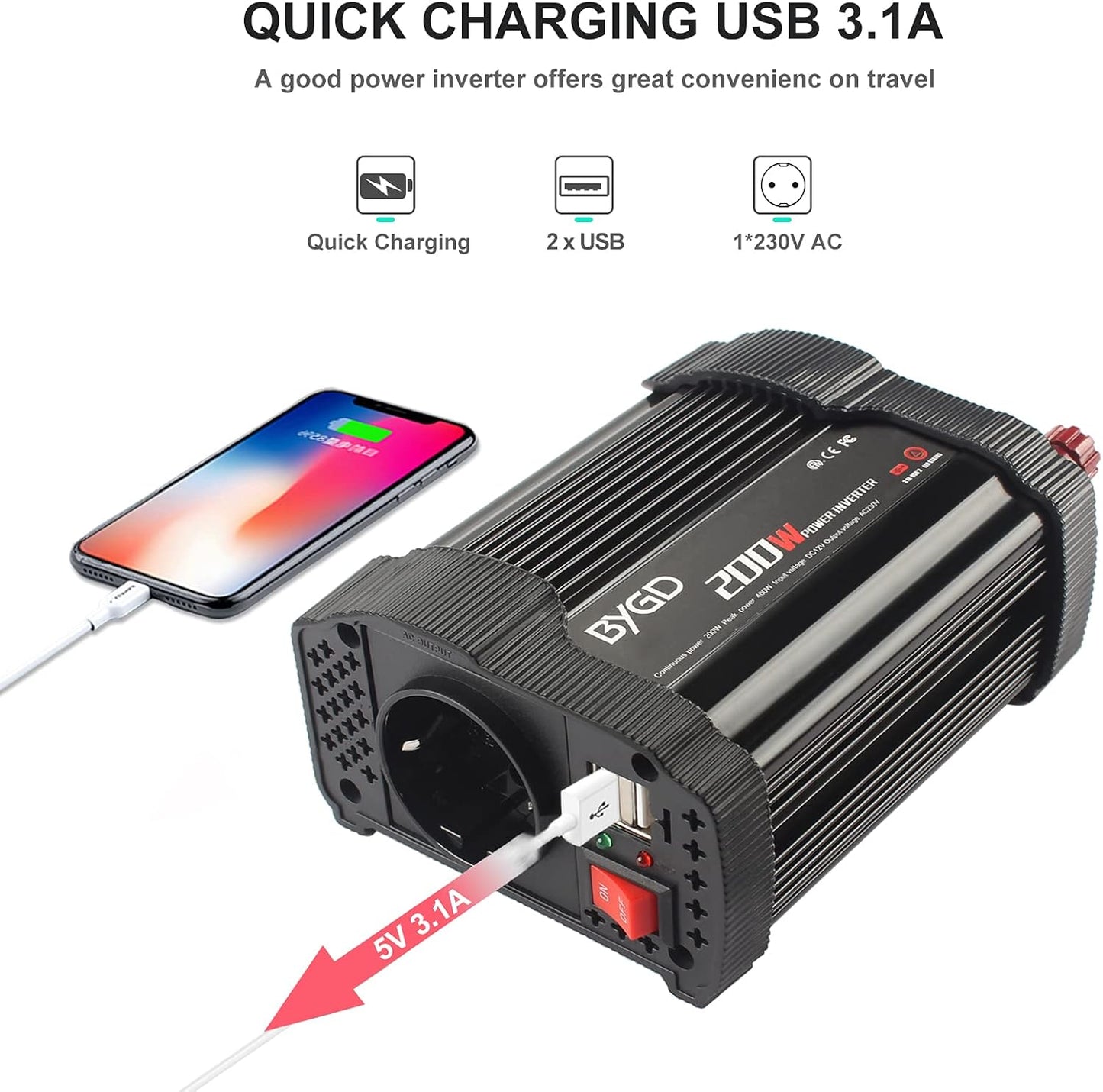 BYGD Auto-Wechselrichter Spannungswandler 200 W, 12 V DC auf 220 V, 230 V AC, mit Adapter