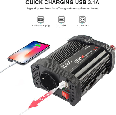 BYGD Auto-Wechselrichter Spannungswandler 200 W, 12 V DC auf 220 V, 230 V AC, mit Adapter