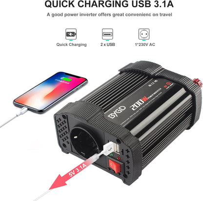 BYGD Auto-Wechselrichter Spannungswandler 200 W, 12 V DC auf 220 V, 230 V AC, mit Adapter