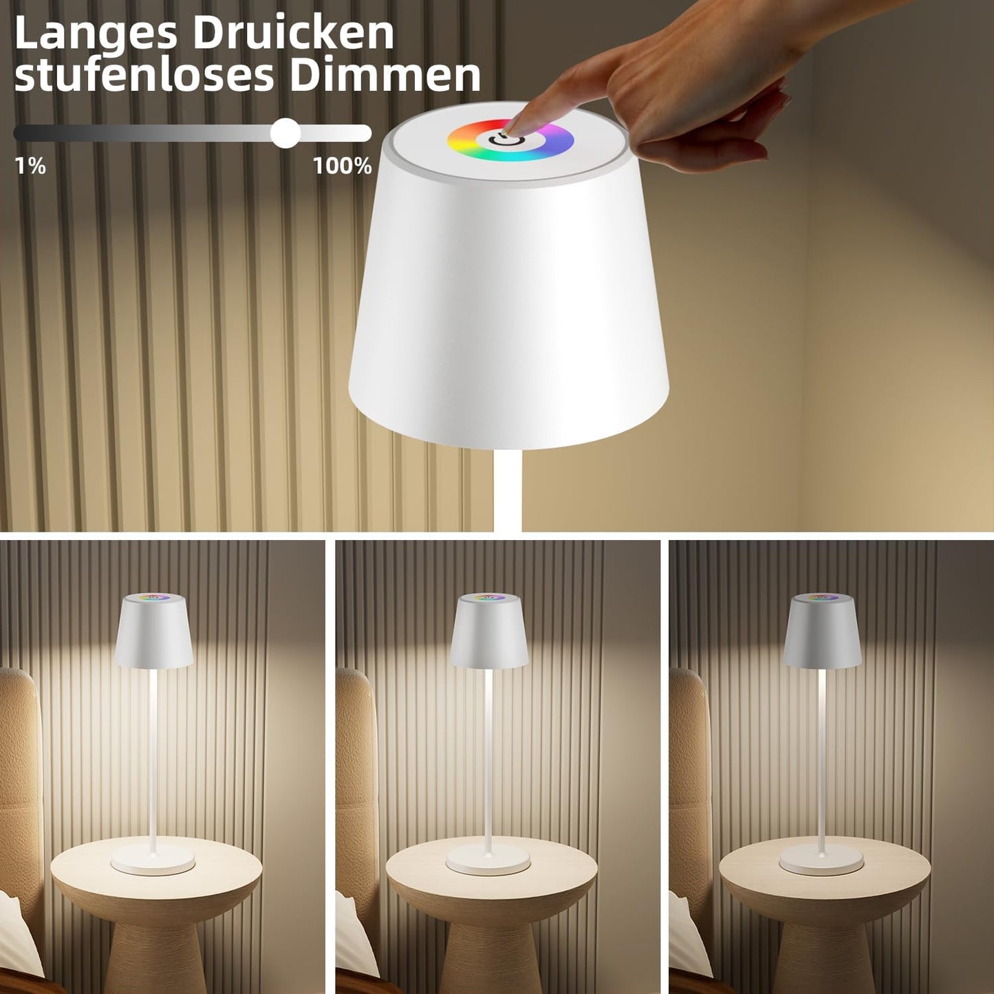 Brightower 2 pièces LED Akku Tischlampe Kabellose, Dimmable Touch Tischleuchte mit USB Charging station