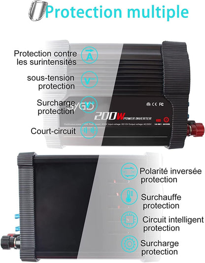 BYGD Auto-Wechselrichter Spannungswandler 200 W, 12 V DC auf 220 V, 230 V AC, mit Adapter