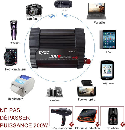 BYGD Auto-Wechselrichter Spannungswandler 200 W, 12 V DC auf 220 V, 230 V AC, mit Adapter