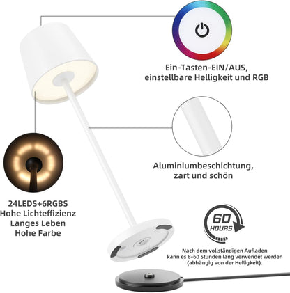 Brightower 2 pièces LED Akku Tischlampe Kabellose, Dimmable Touch Tischleuchte mit USB Charging station