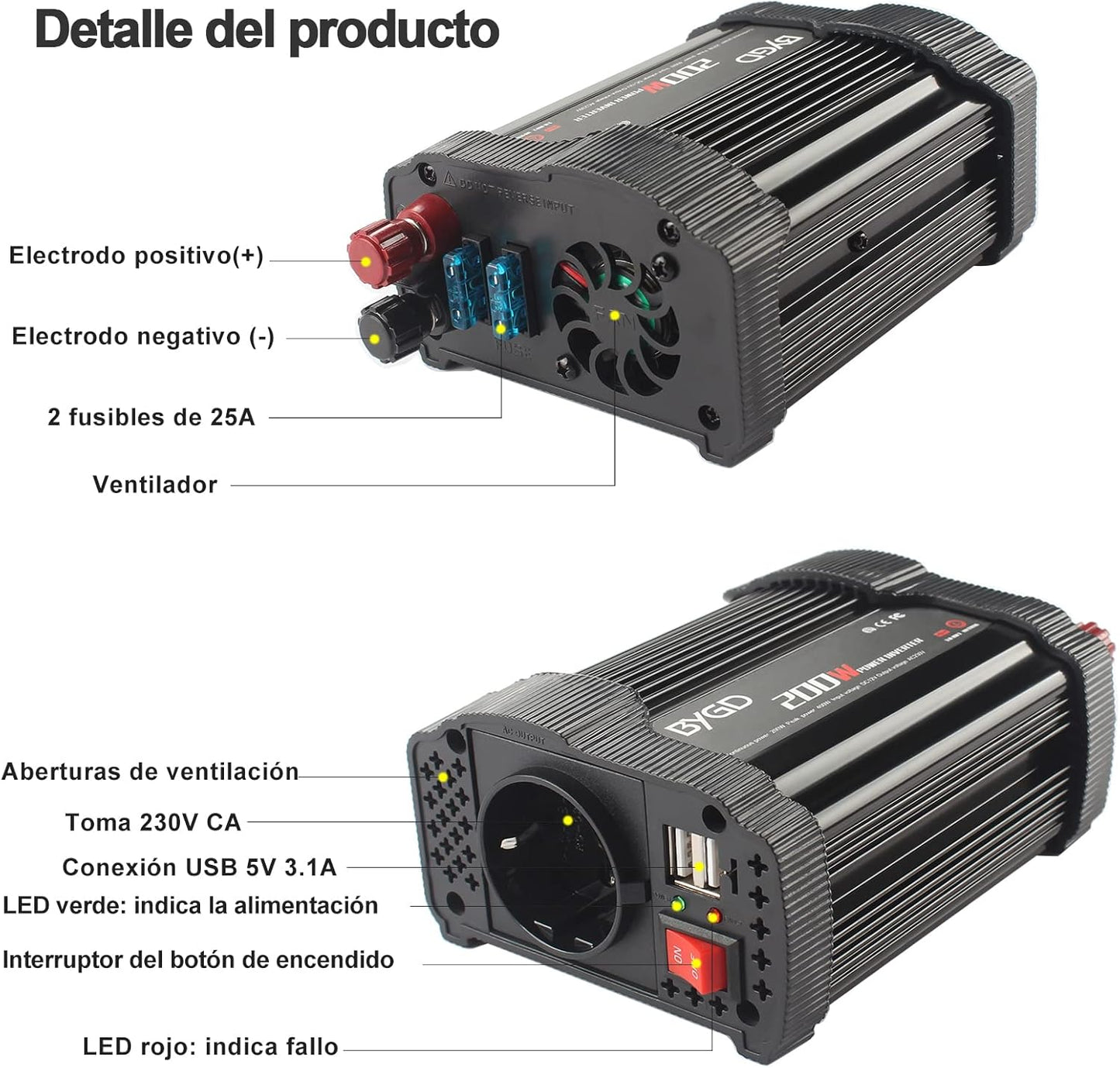 BYGD Auto-Wechselrichter Spannungswandler 200 W, 12 V DC auf 220 V, 230 V AC, mit Adapter