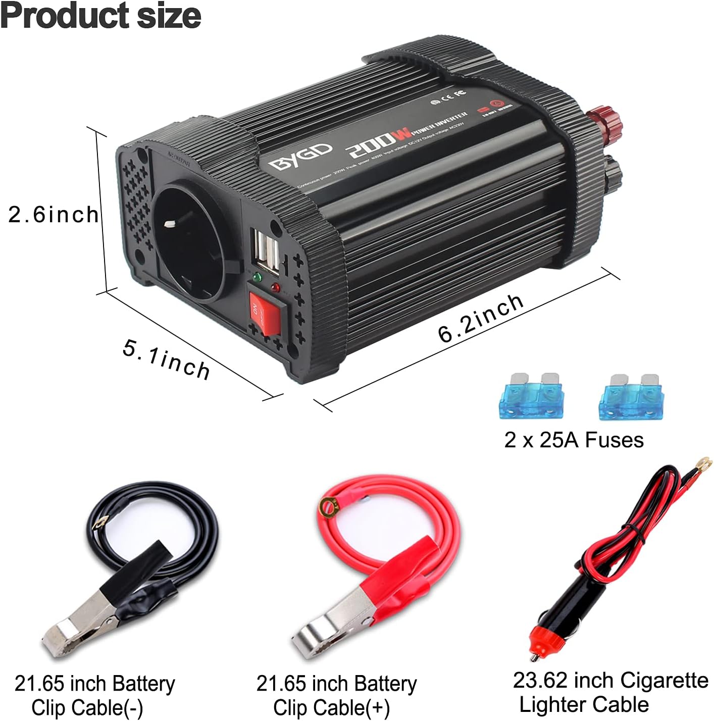 BYGD Auto-Wechselrichter Spannungswandler 200 W, 12 V DC auf 220 V, 230 V AC, mit Adapter