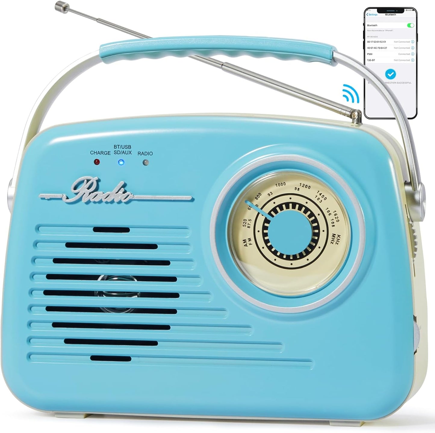 Bingxue Radios Portable Am Fm, Retro Vintage  Bluetooth  SD-Karte AUX USB MP3-Player Blau