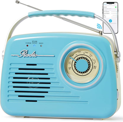 Bingxue Radios Portable Am Fm, Retro Vintage  Bluetooth  SD-Karte AUX USB MP3-Player Blau