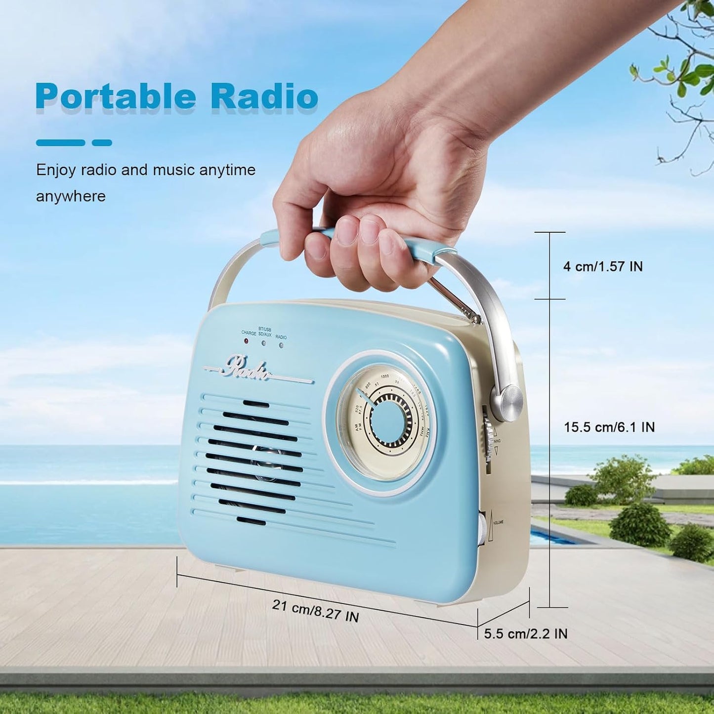 Bingxue Radios Portable Am Fm, Retro Vintage  Bluetooth  SD-Karte AUX USB MP3-Player Blau