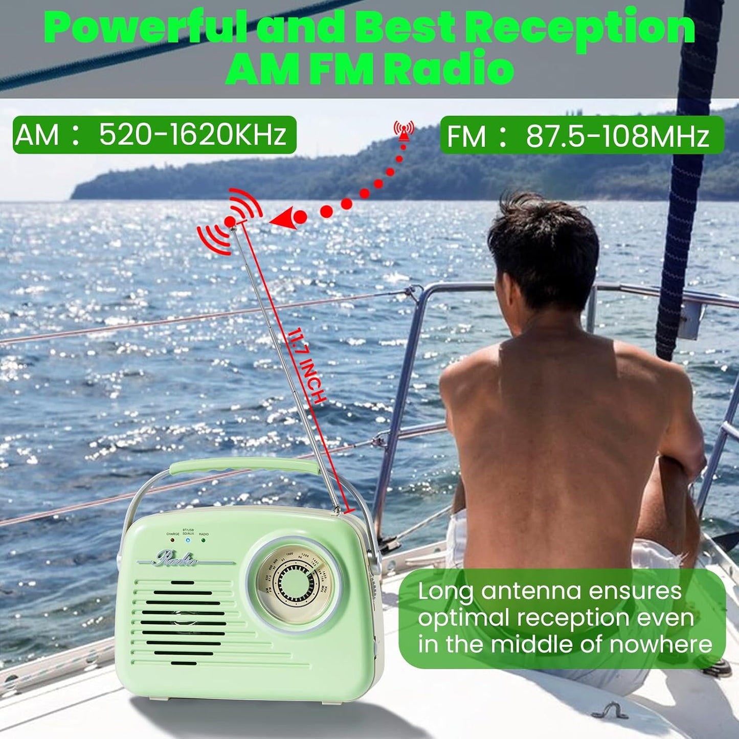 Bingxue Retro Vintage Radio Bluetooth, Portable Am/Fm, (Grün)