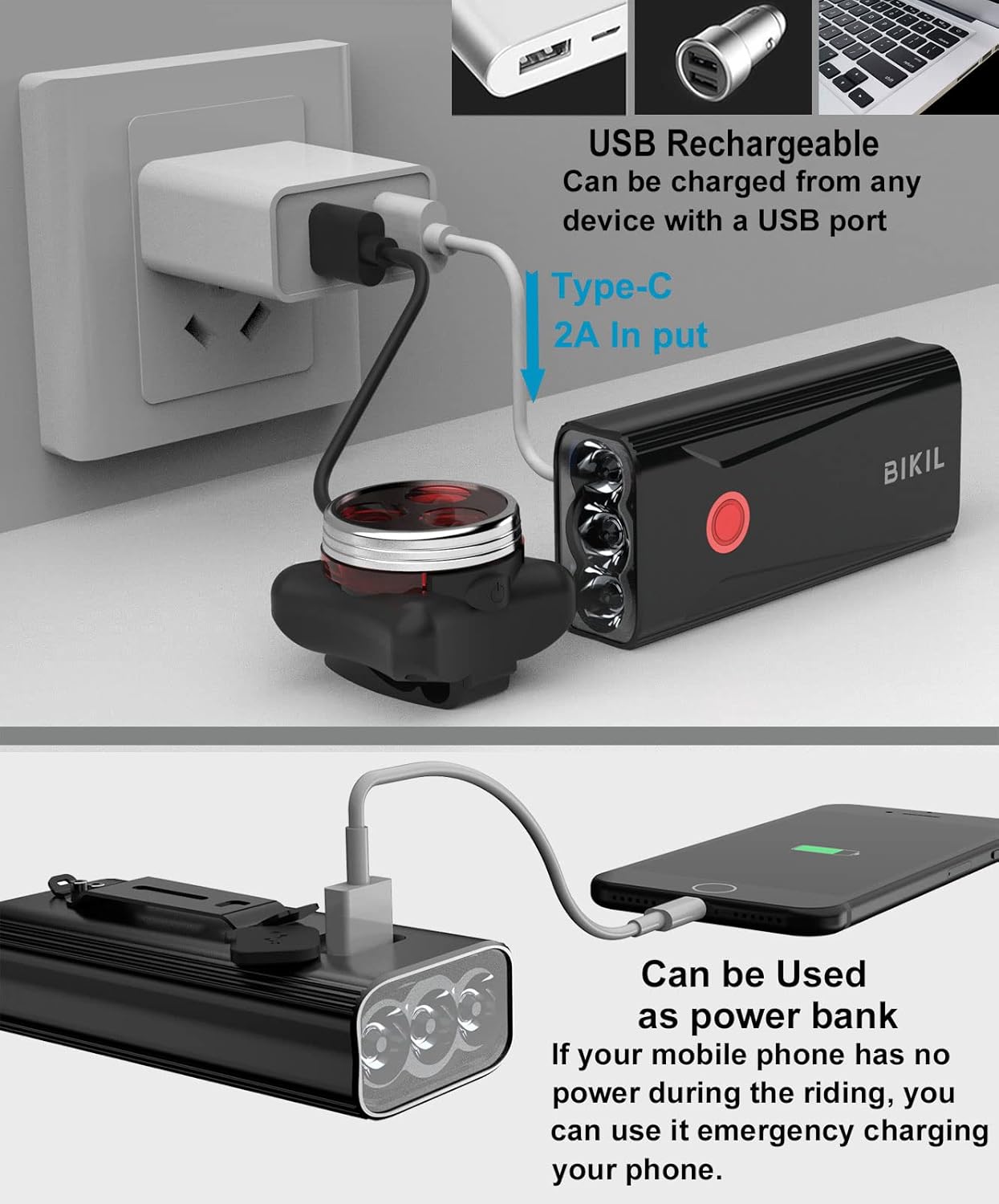 Bikil Fahrradlicht-Set, 6400 mAh, wiederaufladbar,LED  2400 Lumen
