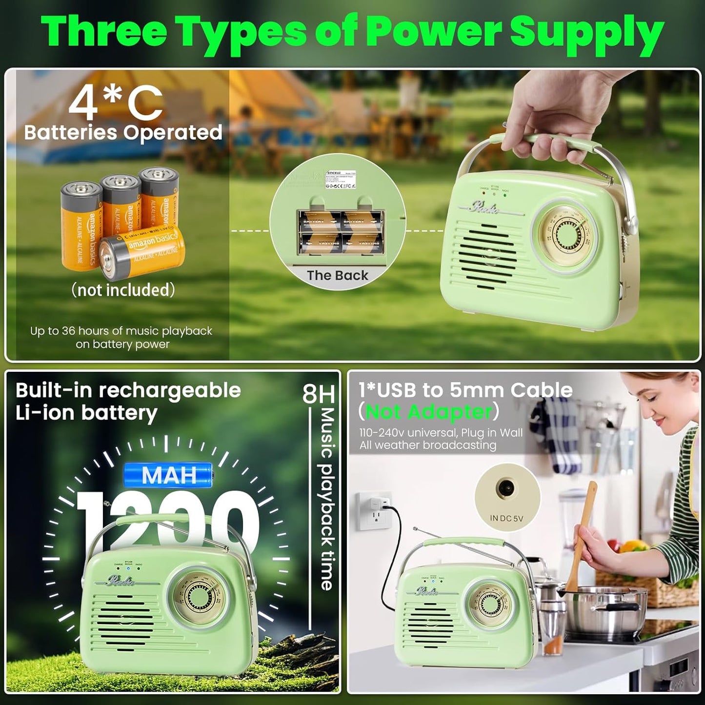 Bingxue Retro Vintage Radio Bluetooth, Portable Am/Fm, (Grün)