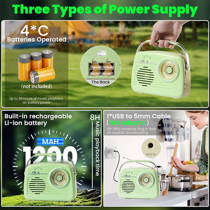Bingxue Retro Vintage Radio Bluetooth, Portable Am/Fm, (Grün)