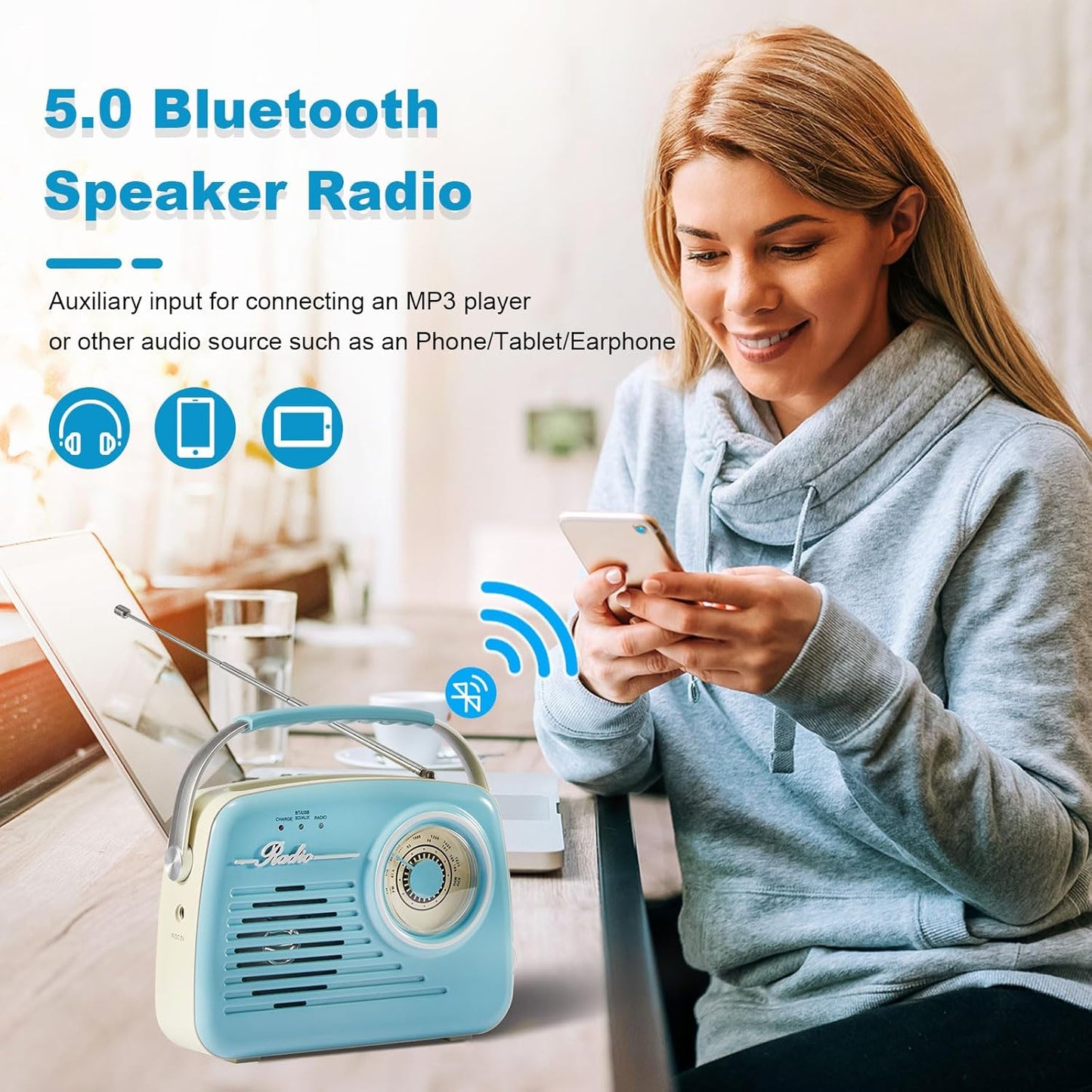 Bingxue Radios Portable Am Fm, Retro Vintage  Bluetooth  SD-Karte AUX USB MP3-Player Blau