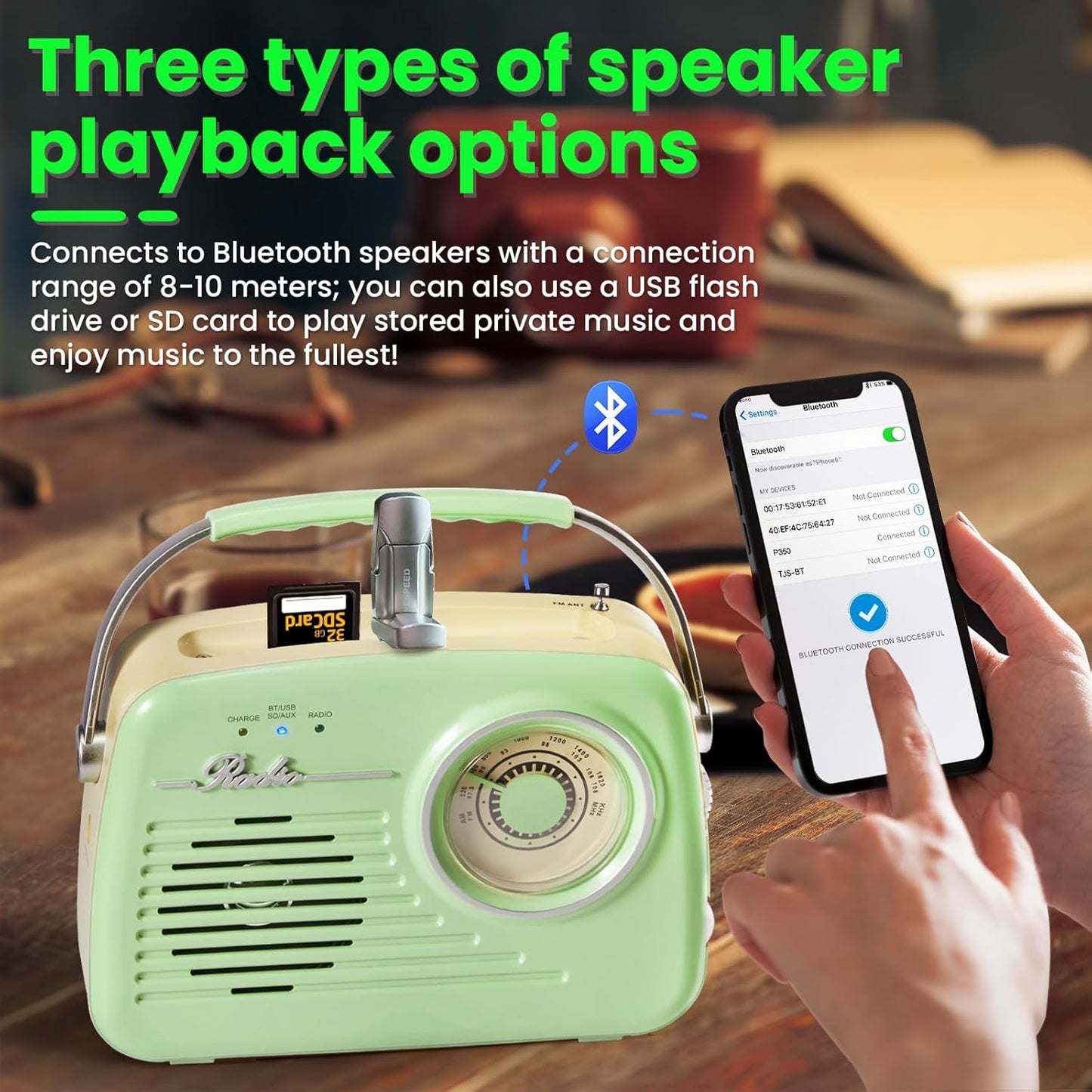 Bingxue Retro Vintage Radio Bluetooth, Portable Am/Fm, (Grün)