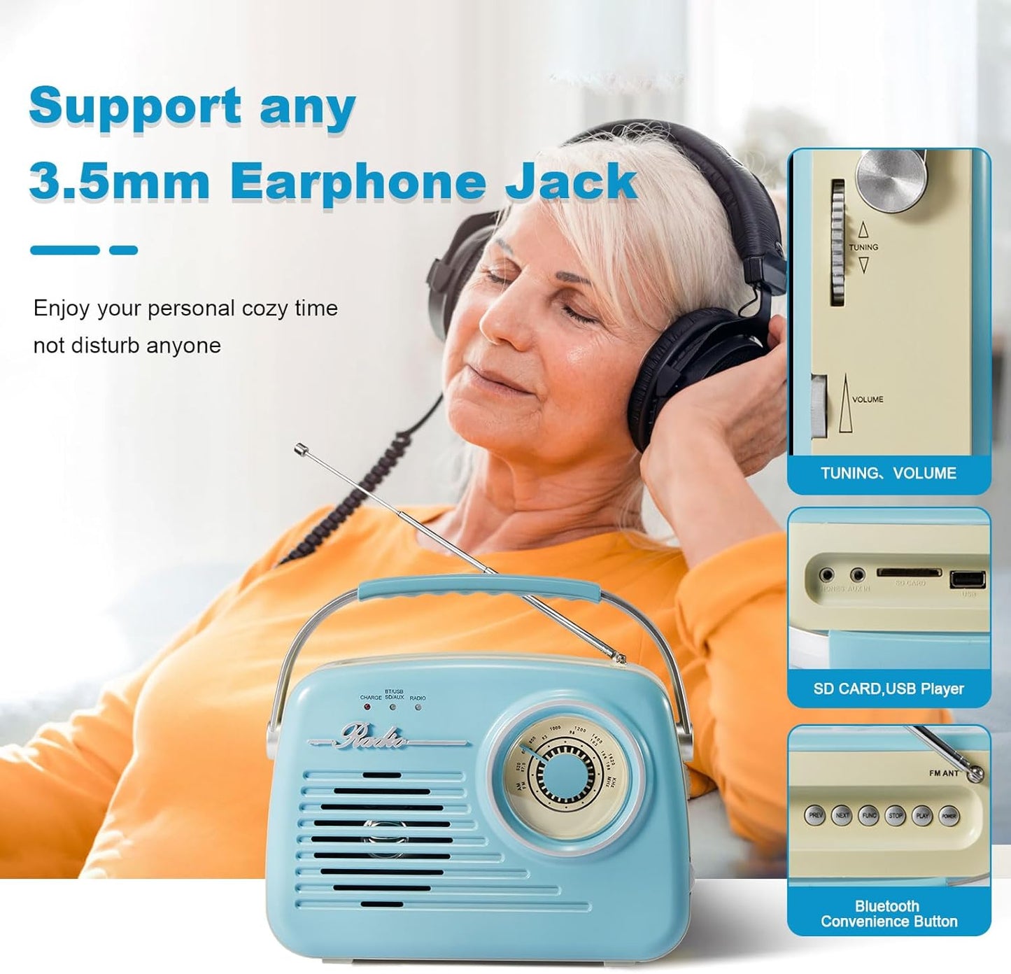 Bingxue Radios Portable Am Fm, Retro Vintage  Bluetooth  SD-Karte AUX USB MP3-Player Blau