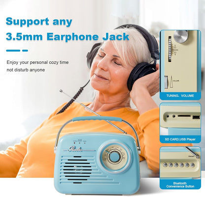 Bingxue Radios Portable Am Fm, Retro Vintage  Bluetooth  SD-Karte AUX USB MP3-Player Blau