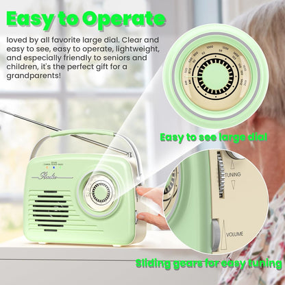 Bingxue Retro Vintage Radio Bluetooth, Portable Am/Fm, (Grün)