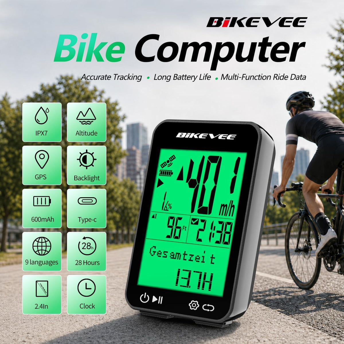 Bikevee GPS Fahrradcomputer Kabellos, 8 Sprachen, Nachtanzeige IPX7 Display