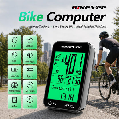 Bikevee GPS Fahrradcomputer Kabellos, 8 Sprachen, Nachtanzeige IPX7 Display