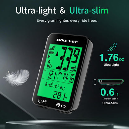 Bikevee GPS Fahrradcomputer Kabellos, 8 Sprachen, Nachtanzeige IPX7 Display