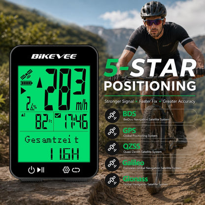 Bikevee GPS Fahrradcomputer Kabellos, 8 Sprachen, Nachtanzeige IPX7 Display