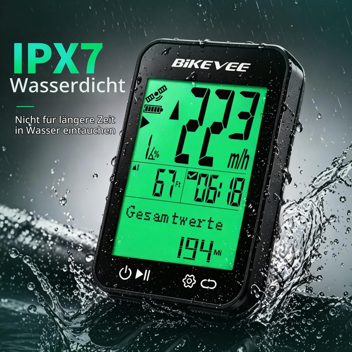 Bikevee GPS Fahrradcomputer Kabellos, 8 Sprachen, Nachtanzeige IPX7 Display