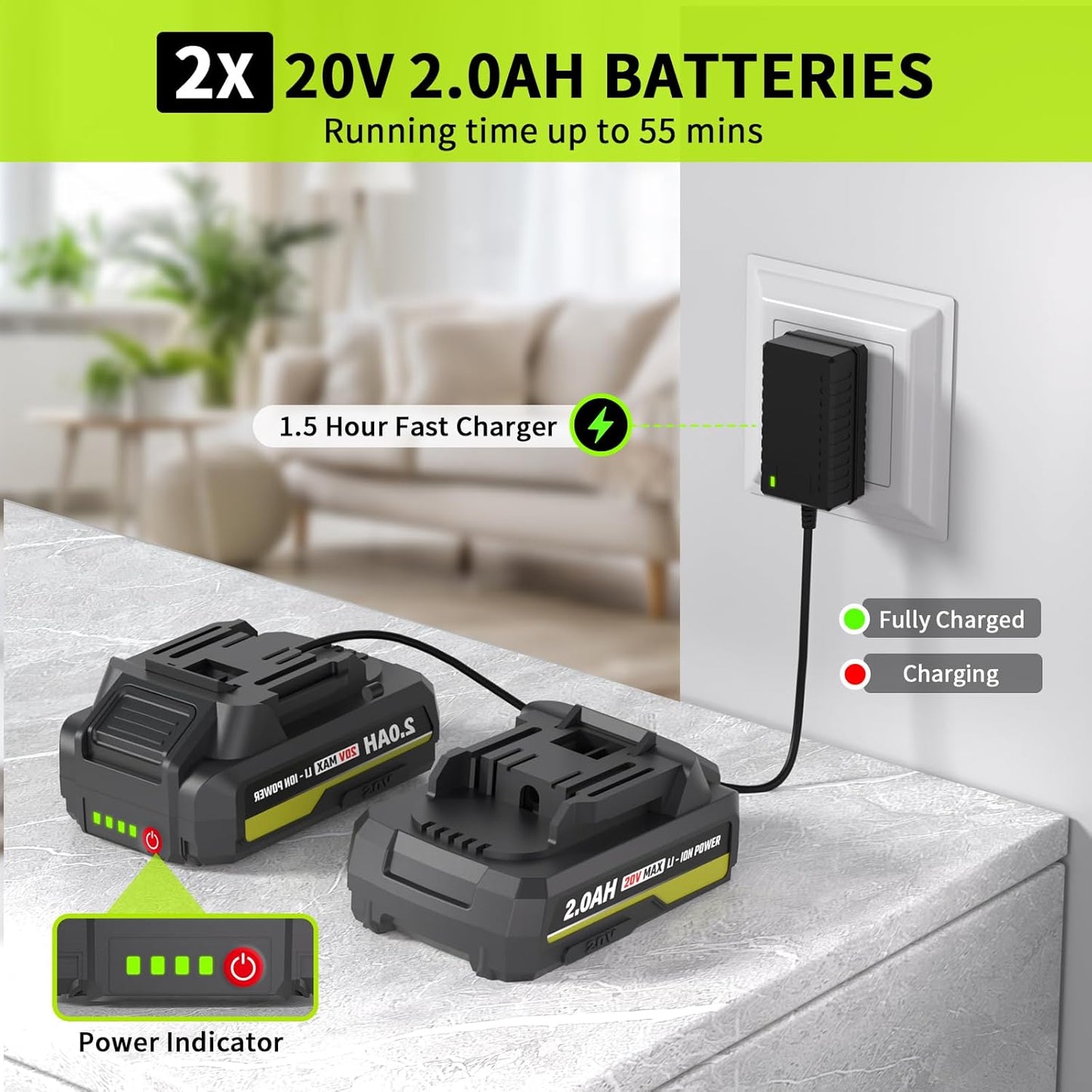 Akku-Laubbläser, 20V Kabellos Laubbläser mit 2 x 2,0Ah Akkus und Schnellladegerät,