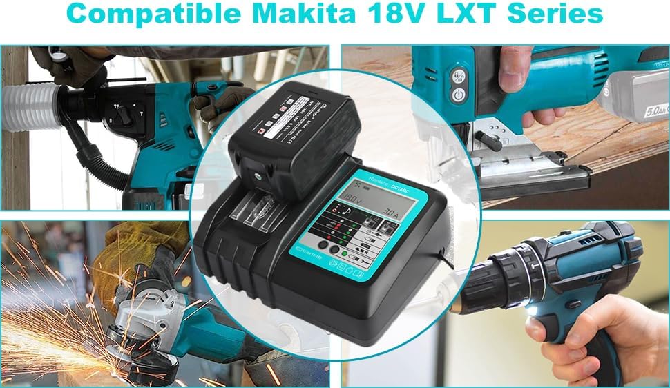 1 x BL1850B Akku (18V 5,0 Ah ) mit Ladegerät DC18RC Ersetzen für Makita Akku BL1850B BL1850 BL1840B BL1840 BL1830B BL1830 BL1850 BL1835 BL1845 BL1815 mit LED-Anzeige