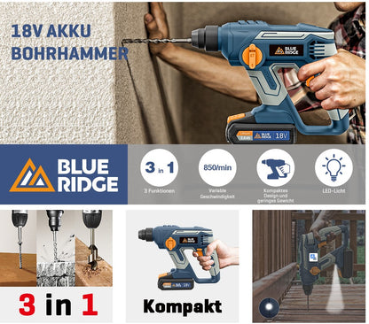 BLUE RIDGE 18V Bohrhammer, 2Ah, SDS-plus-Wechselfutter, 10 St. Zubehör, zum Hämmern, Schrauben, Bohren, im Koffer - BR2824K