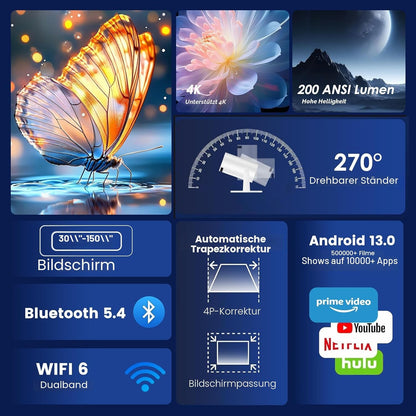 Mini Beamer Unterstützt FHD 4K 1080P, Projektor Tragbarer,WiFi 6, Bluetooth 5.4 Schwarz