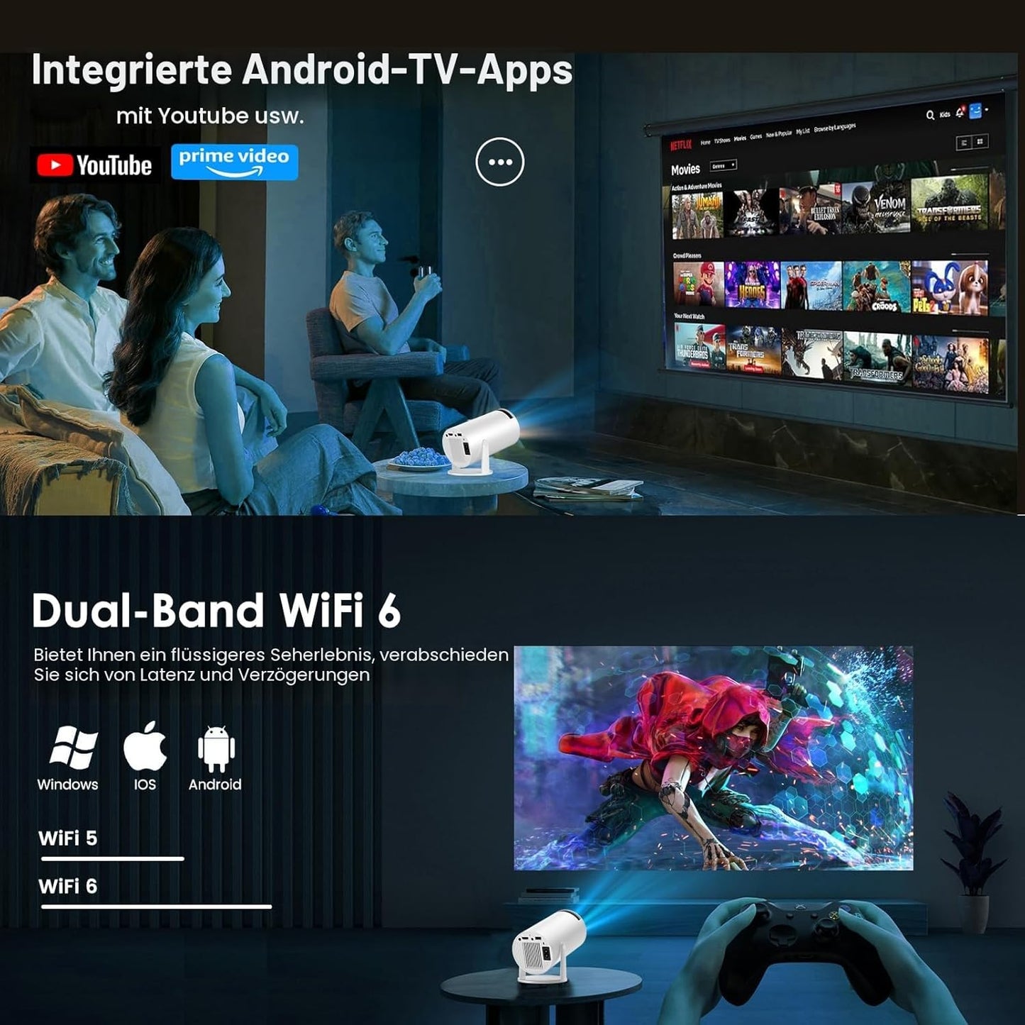 Mini Beamer Unterstützt FHD 4K 1080P, Projektor Tragbarer,WiFi 6, Bluetooth 5.4 Schwarz
