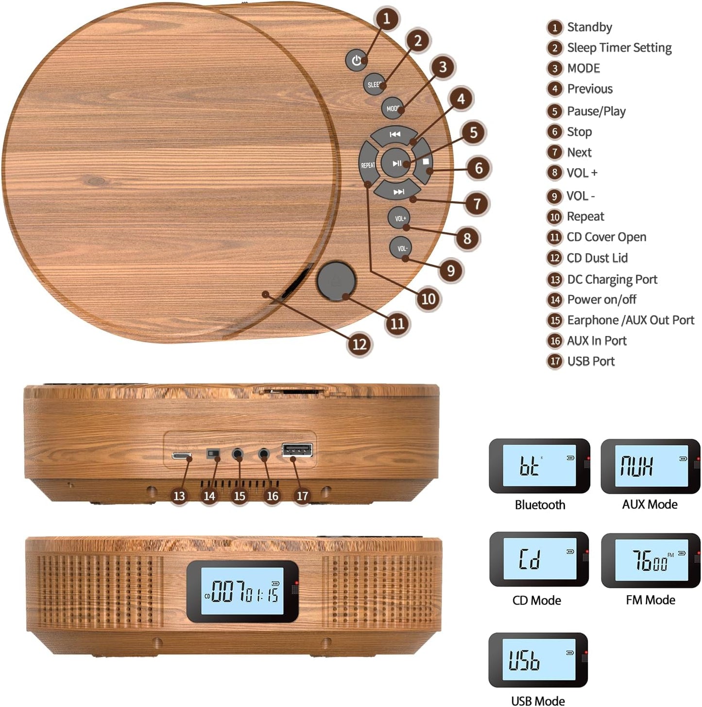 CD Player tragbar mit Bluetooth discman Kinder Lautsprecher Radio Boombox-CD-Player