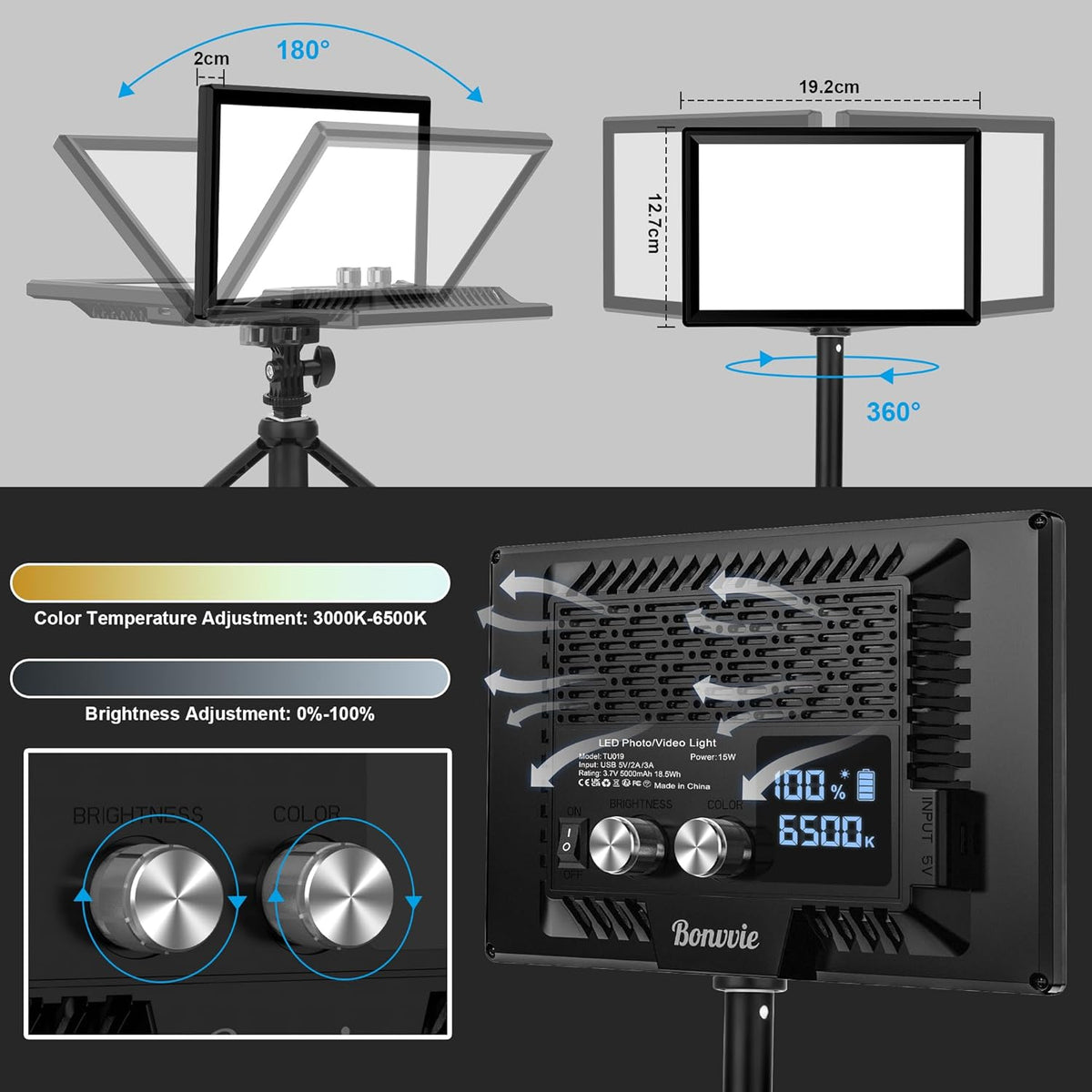 Bonvvie 15W LED Videolicht, Dimmbares 9" Kamera-Leuchte mit Akku 5000 mAh CRI 97+ 3000–6500K
