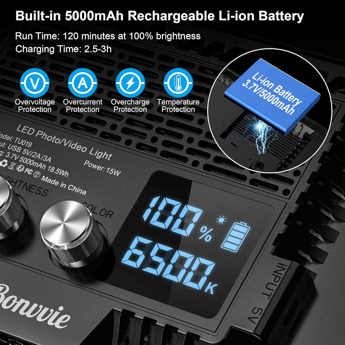 Bonvvie 15W LED Videolicht, Dimmbares 9" Kamera-Leuchte mit Akku 5000 mAh CRI 97+ 3000–6500K