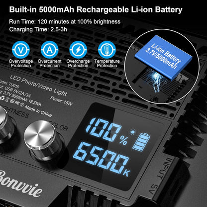 Bonvvie 15W LED Videolicht, Dimmbares 9" Kamera-Leuchte mit Akku 5000 mAh CRI 97+ 3000–6500K