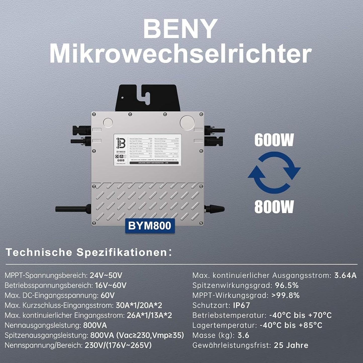 BENY Solar-Mikro-Wechselrichter 800 W, Wechselrichter mit dem Stromnetz,WLAN App