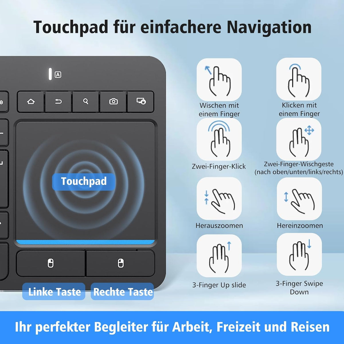 Kabellose Bluetooth-Tastatur mit Touchpad(Dual BT+2.4G USB)mit Touch-Trackpad Schwarz