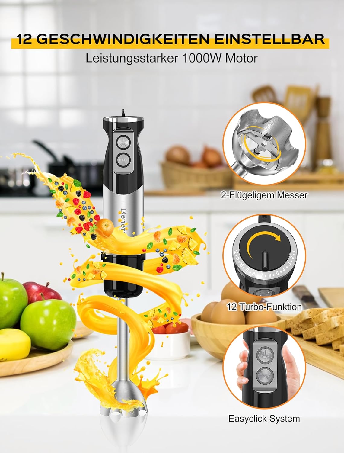 Benefast Elektrische Stabmixer 6 in 1,1000W Stainless Steel Pürierstab Set,