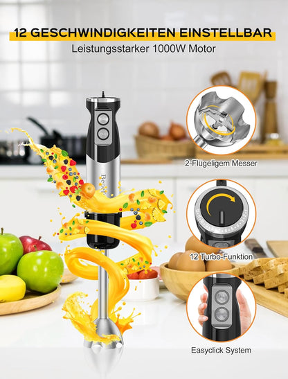 Benefast Elektrische Stabmixer 6 in 1,1000W Stainless Steel Pürierstab Set,