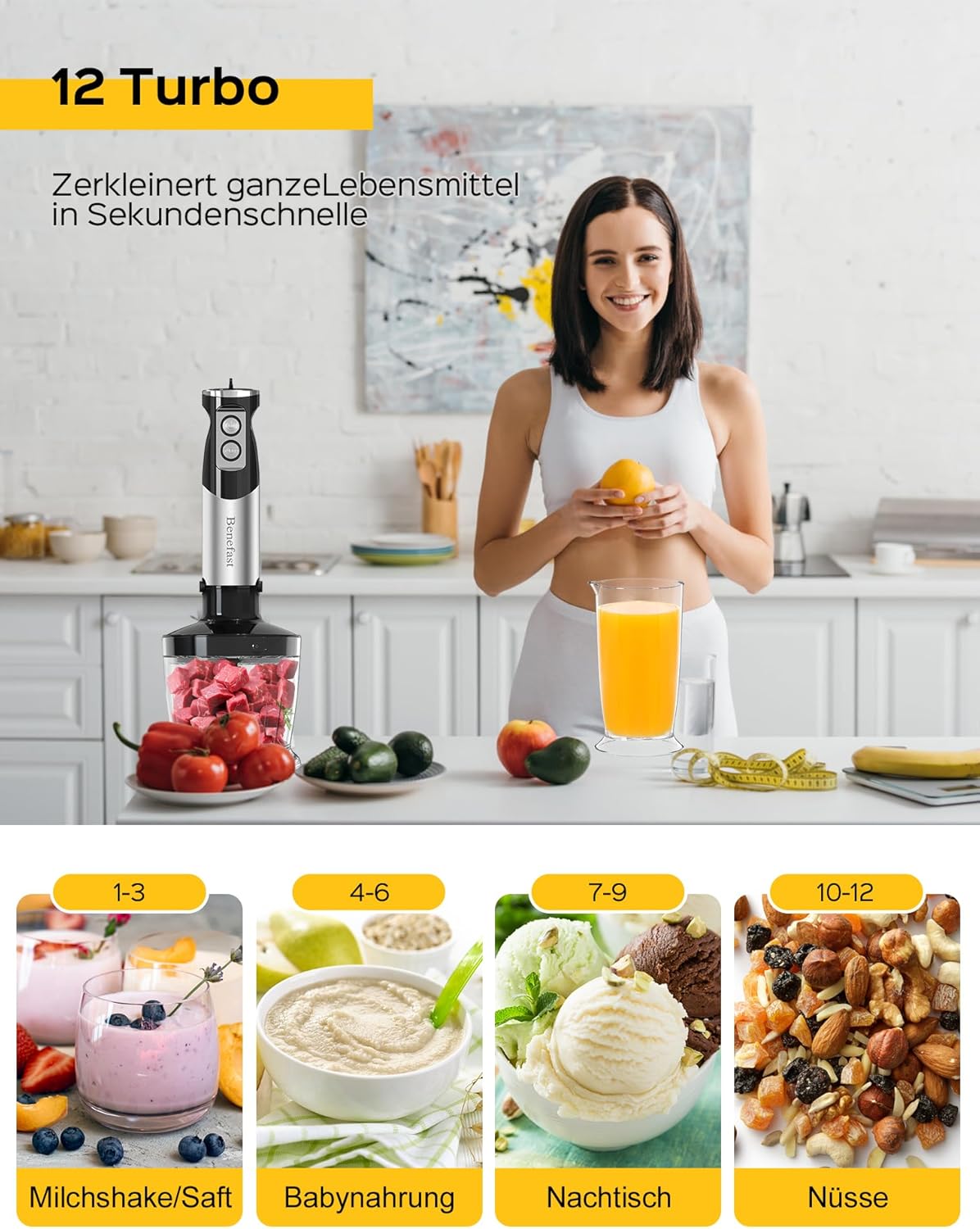 Benefast Elektrische Stabmixer 6 in 1,1000W Stainless Steel Pürierstab Set,