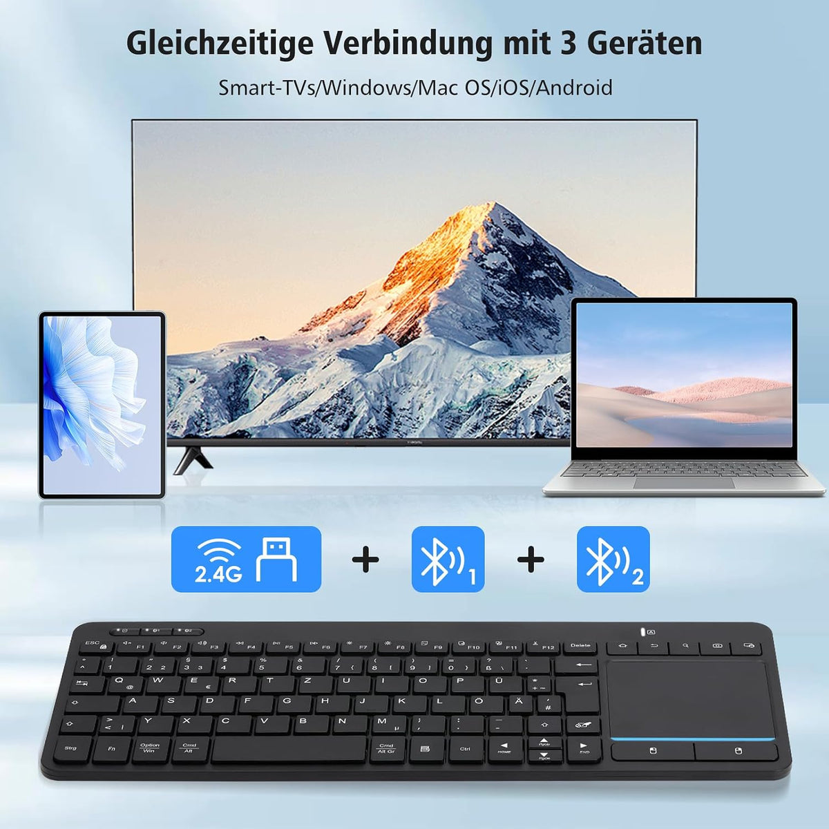 Kabellose Bluetooth-Tastatur mit Touchpad(Dual BT+2.4G USB)mit Touch-Trackpad Schwarz