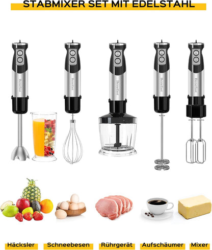 Benefast Elektrische Stabmixer 6 in 1,1000W Stainless Steel Pürierstab Set,